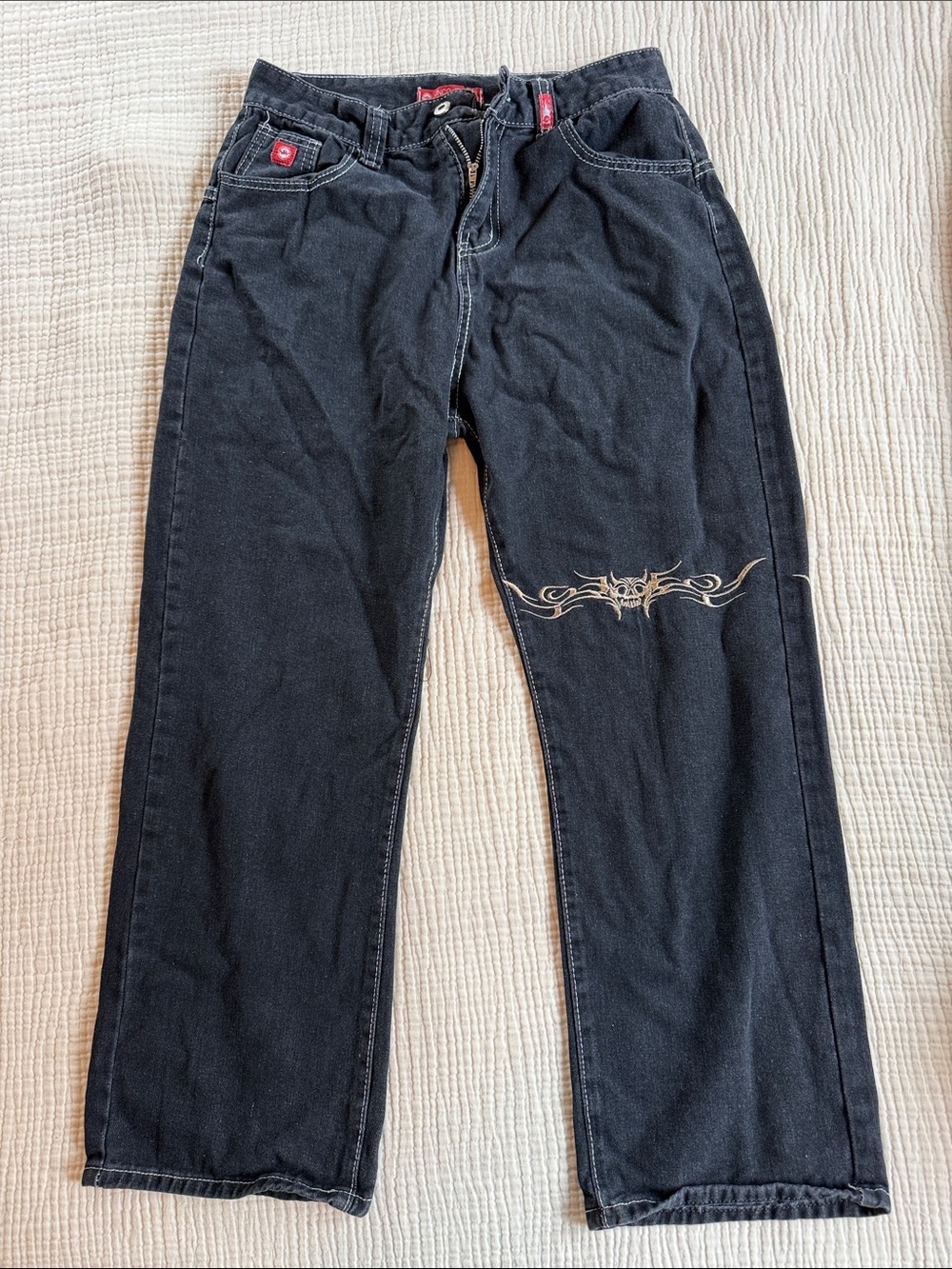 JNCO Black Wide-Leg Jeans with Beige Tribal Stitching